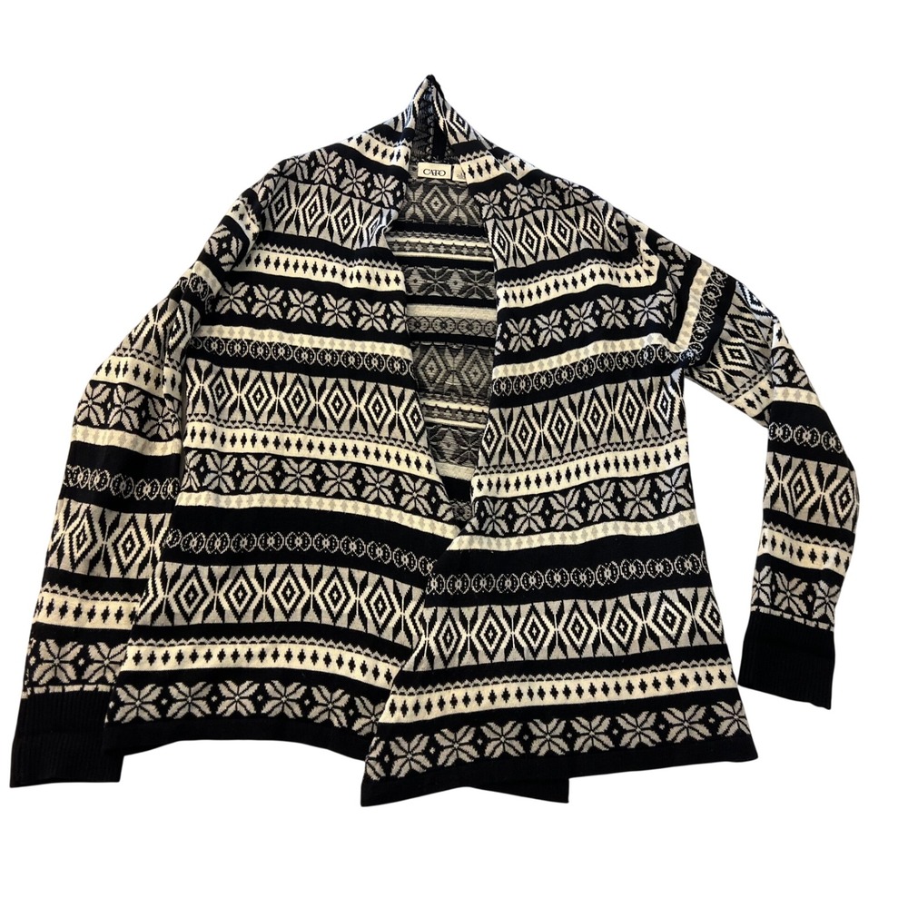 Cato Womens Black White Geometric Fair Isle Open Front Cardigan Sweater Large